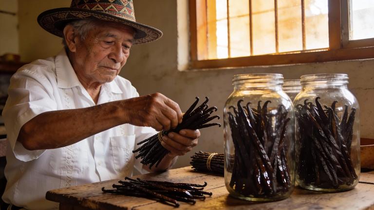 Rural Mexican production worker wrapping vanilla beans in twine for storage and export